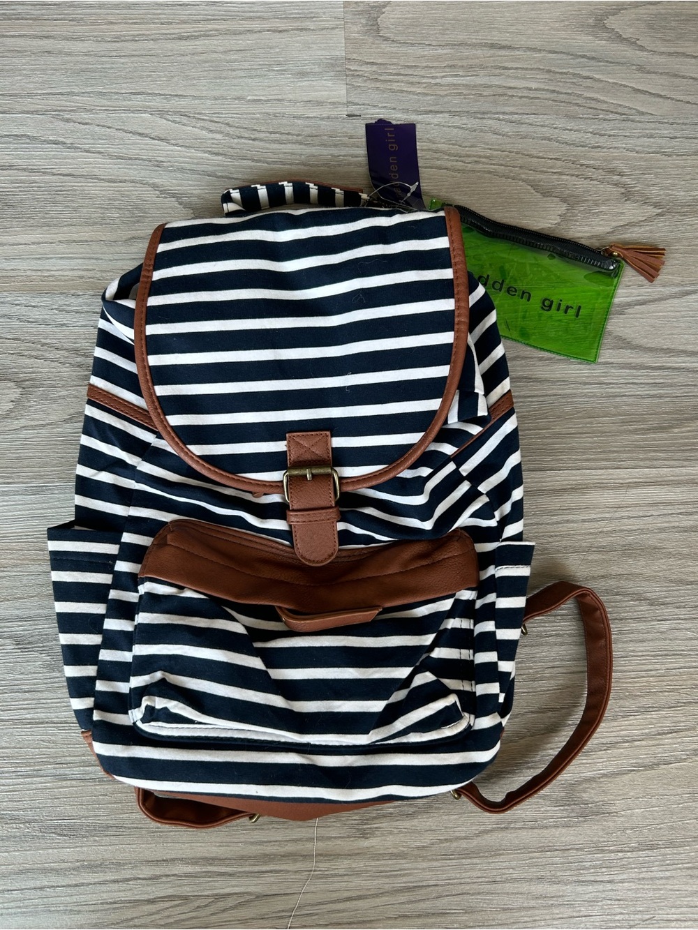 ✨ NEW Madden Girl Navy and White Striped Backpack with Brown Trim